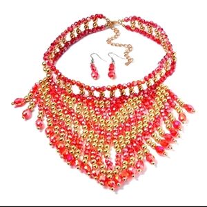 Red Glass, Resin Waterfall Necklace 16-20 Inches and Earrings in Goldtone